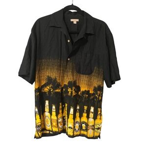 George Mens Beer Bottle Palm Tree Print Short Sleeve Button Up Camp Shirt